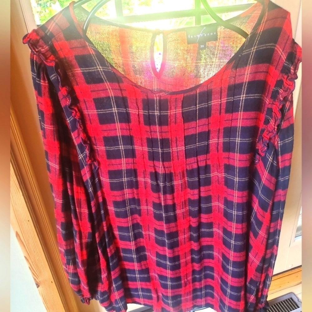 Fenomenon Red Plaid Holiday Ruffled Long Sleeve Sz.‎ 3X Blouse Tunic
